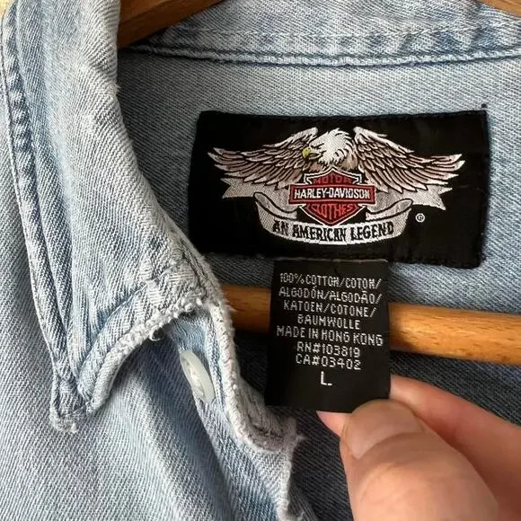 Vintage 90s Harley-Davidson Denim Shirt | Distressed Grunge Wash | Size L - Picture 2 of 8